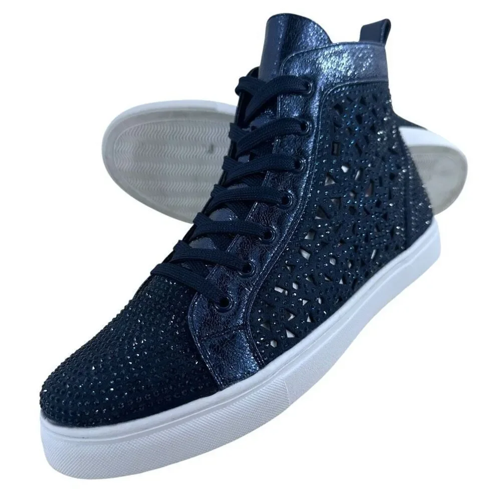 Lady Couture Flat Laser Cut High Top Bling Rhinestone Sneaker Navy Women's Size - Picture 10 of 10
